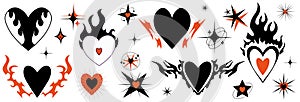 Flame heart set y2k style. Trendy grunge scrawl icon for stickers. Emo gothic heart and star. Vector illustration.