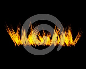 Flame, heat and sparks on black background with texture, pattern and orange burning energy. Fire line, fuel and flare