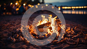 Flame ignites campfire, glowing bright in dark nature beauty generated by AI