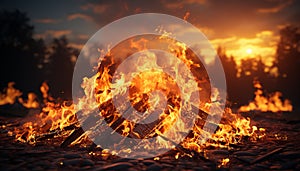 Flame igniting nature beauty, burning bright in summer dusk generated by AI