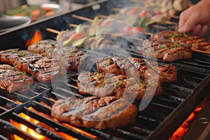 Flame kissed barbecue Juicy beef and chicken steaks cooking outdoors