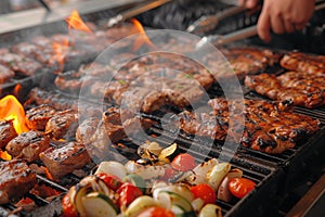 Flame kissed barbecue Juicy beef and chicken steaks cooking outdoors