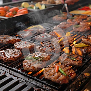 Flame kissed barbecue Juicy beef and chicken steaks cooking outdoors