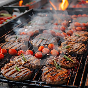 Flame kissed barbecue Juicy beef and chicken steaks cooking outdoors