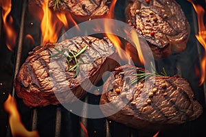 Flame kissed grill Juicy beef steaks sizzling in mesmerizing barbecue