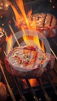 Flame kissed grill Juicy beef steaks sizzling in mesmerizing barbecue