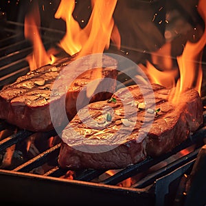 Flame kissed grill Juicy beef steaks sizzling in mesmerizing barbecue