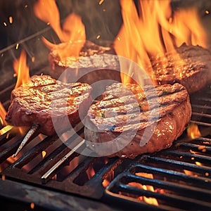 Flame kissed grill Juicy beef steaks sizzling in mesmerizing barbecue