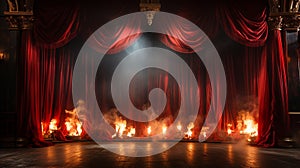 Flame Lit Theatre Stage with Red Velvet Curtains Catching Fire. Generative AI