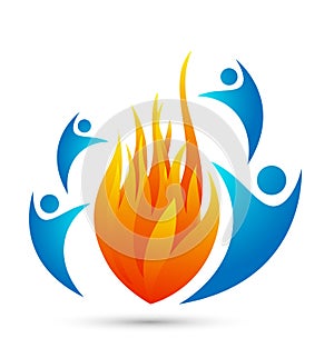 Flame logo with people.