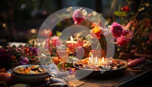 Flame of love illuminates table, celebrating nature spirituality generated by AI