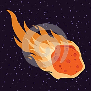 Flame meteor, asteroid, meteor rain fall vector illustration in cartoon style.