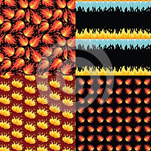 Flame seamless pattern set. Vector fire background.