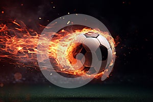 Flame soccer ball flying, abstract football symbol on the black background