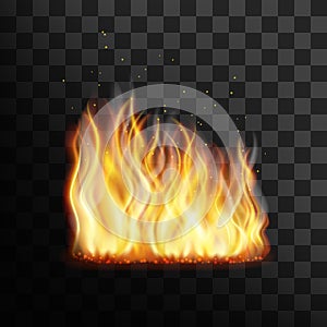 Flame with sparks on black background, fire is burning, bonfire, fire for design