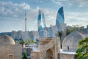 Flame towers and TV tower viewed from Palace of the Shirvanshahs