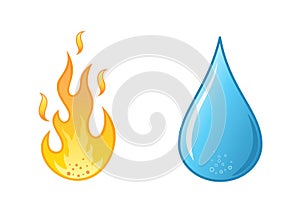 Flame and water drop on white background