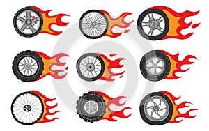 Flame wheels. Doodle car motorcycle and bicycle tires with dynamic fire. Isolated burning automobile circles for