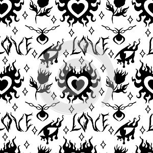 Flame Y2K Seamless fire pattern heart, flower, Psychedelic vector black background Retro Style. Funky summer abstract