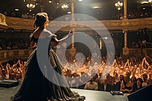 Flamenco dancer in the auditorium of the theater. Beautiful girl on the background of the concert hall, An opera singer full rear