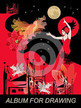 Flamenco dancer girl dressed in long red dress,sun, moon, flying fire bird, silhouette of buildings, funny winged unicorns.