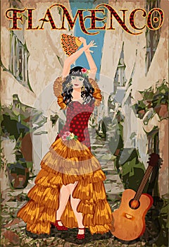 Flamenco dancer girl with fan and guitar, spanish city background
