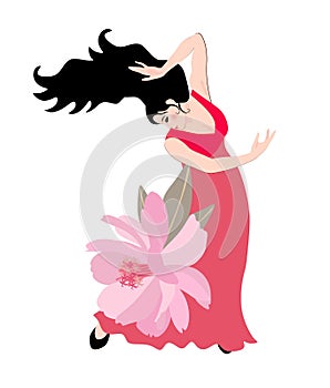 Flamenco dancer girl in red dress wiyh large pink garden flower. Beautiful collection