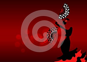 Flamenco dancer, silhouette beautiful Spanish woman in long dress with fan