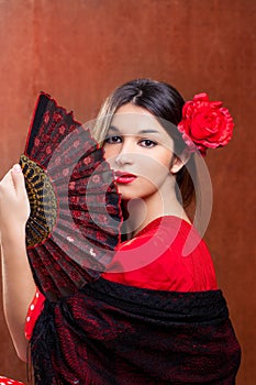 Flamenco dancer woman gipsy red rose spanish fan photo