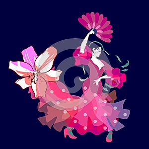 Flamenco night. Spanish girl dancer with fan in her hand and hem of her dress in shape of big lily flower on dark blue background