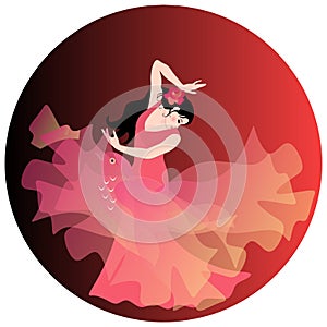 Flamenco round composition with dancing girl in red dress and with shawl in shape of flying bird