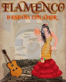 Flamenco. From Spain with love. Dancing girl with fan and flamenco guitar