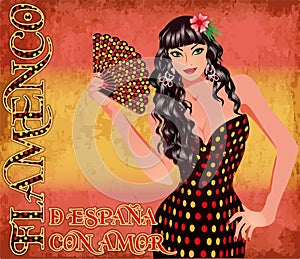 Flamenco. Translation is From Spain with Love. Festival card with elegant spanish girl and fan