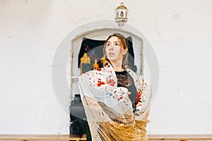 flamenco woman dancer with manila shawl