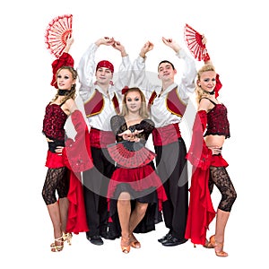 Flamenko dancer team dancing isolated on white background