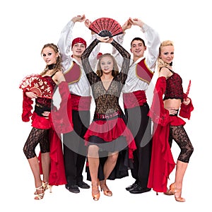 Flamenko dancer team dancing isolated on white background