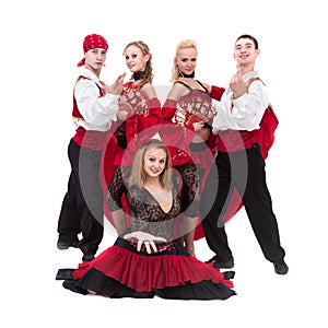 Flamenko dancer team dancing isolated on white background