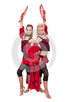 Flamenko dancer team dancing isolated on white background