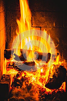 Flames burning a bonfire with coals
