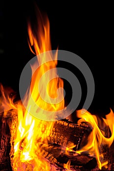 Flames coming from a log on fire. Flame, heating