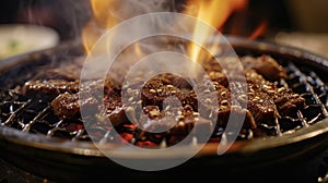 Flames dance around the grill searing succulent pieces of marinated beef and pork as diners eagerly prepare their own photo