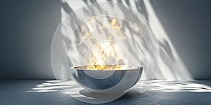Flames dance gracefully above a circular stone bowl in a softly lit indoor space during the evening photo