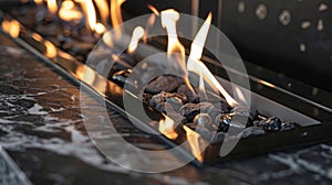 The flames dance gracefully within the black marble fireplace creating a mesmerizing display. 2d flat cartoon