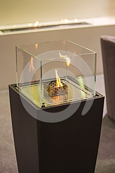 The flames in electric fireplace close-up. Interior design