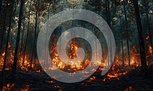Flames engulfing trees in a forest, the fire spreading rapidly through the dry underbrush