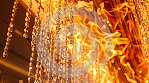 The flames from the fire dance and reflect off the crystal chandelier hanging above creating a dazzling light show that