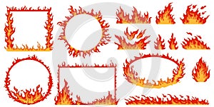 Flames frames. Different shapes of curved fires. Round, oval and square fiery borders. Hot red bonfires. Geometric