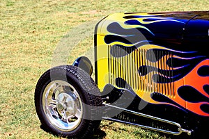 Flames on a front end of a classic hotrod