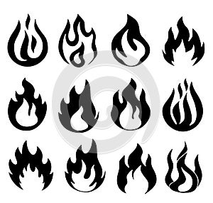 Flames icons. Flame silhouettes. Black firing icons, warning symbols isolated on white. Burning vector emblems.