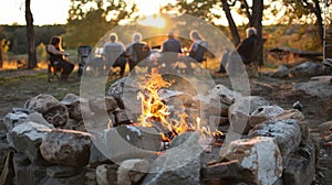 Flames lick and dance around the logs in the fire pit casting a warm orange glow on the faces of the gathered group. 2d